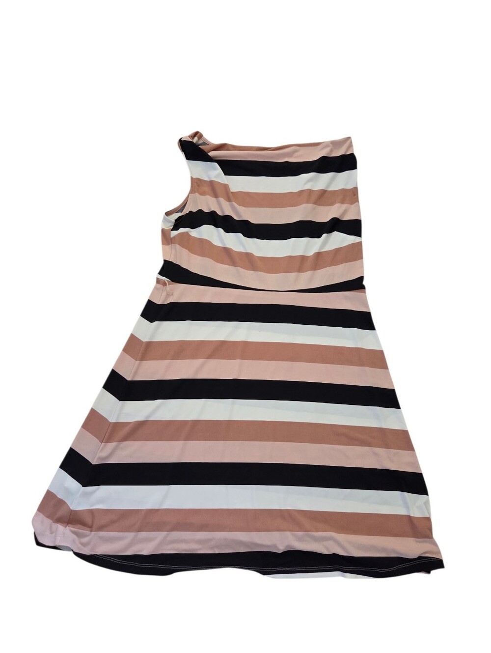 Loft black/white/blush/clay stripe cowl neck sleeveless A-line dress, L. EUC.